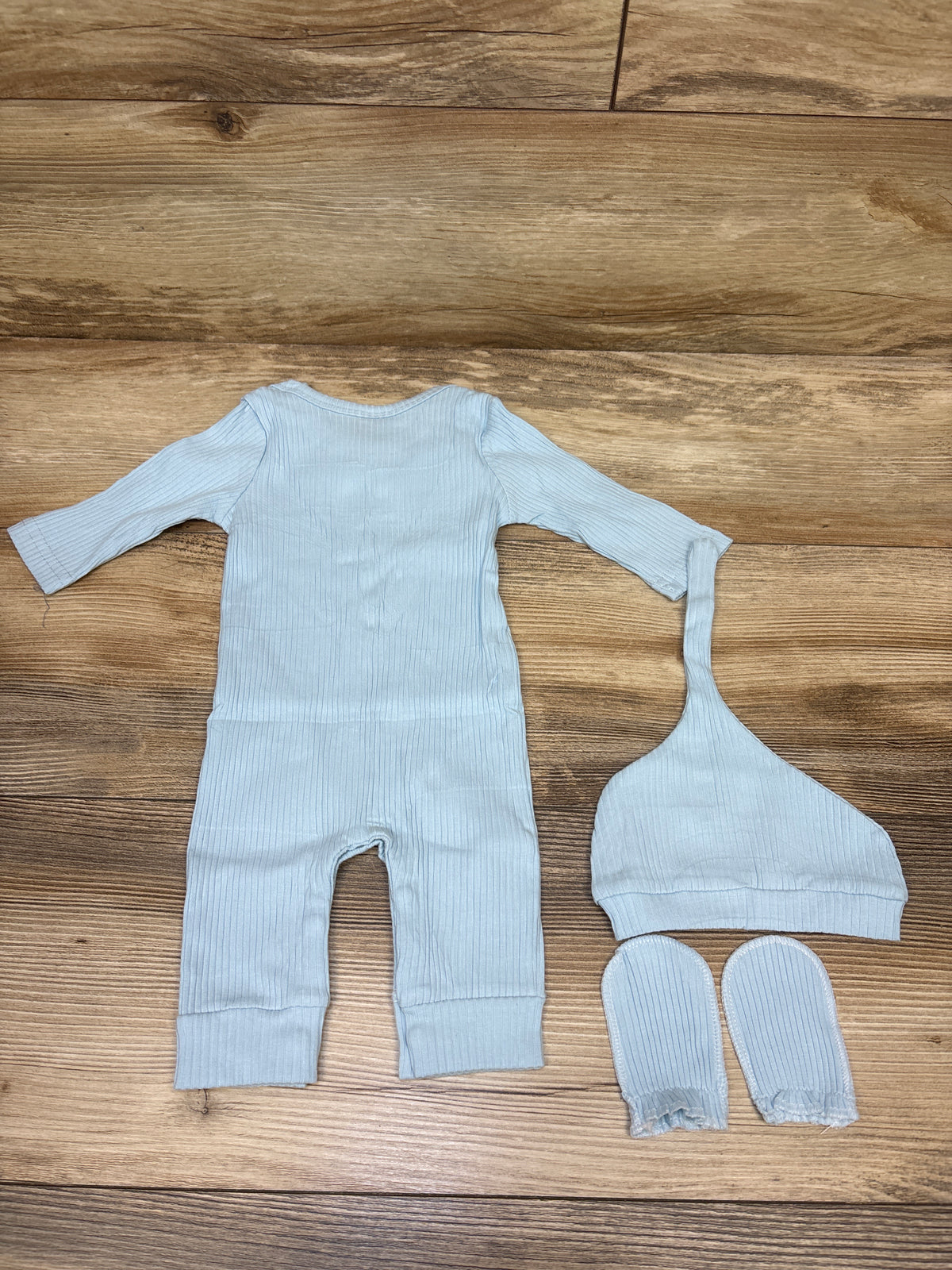 NWOT Babymine 3pc Hi I'm New Here Ribbed Coverall, Hat & Mittens Blue sz 0-3m