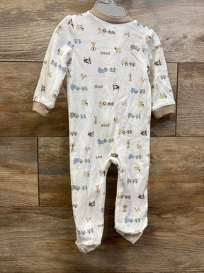 Front view of Kyle and Deena 2pc sleeper and hat set showing white farm print sleeper with ribbed cuffs on wood background