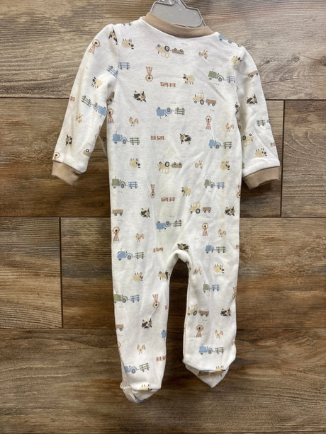 Front view of Kyle and Deena 2pc sleeper and hat set showing white farm print sleeper with ribbed cuffs on wood background