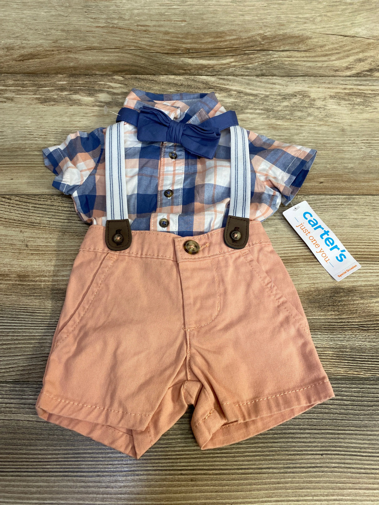 NEW Just One You 4pc Plaid Button-Up Suspender Short Set Blue sz Newborn