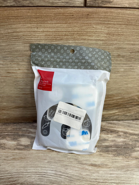 Front view of NiHome child-proof refrigerator locks in sealed white package showing adhesive strap locks and release key on wooden surface