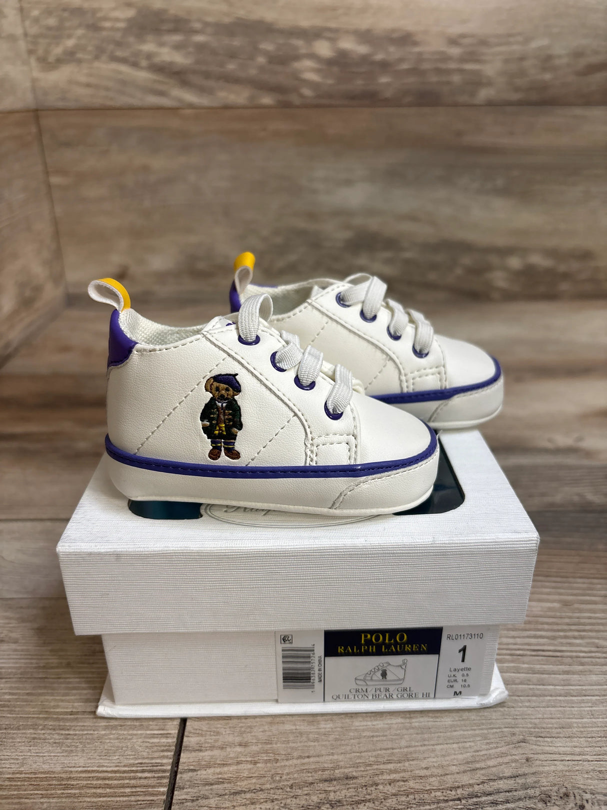 Ralph Lauren Quilton Bear Gore Hi Crib Booties White sz 1c