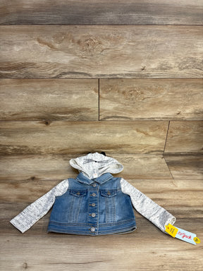 Toddler denim jacket with gray hood and sleeves, cat face on hood, displayed on wood floor