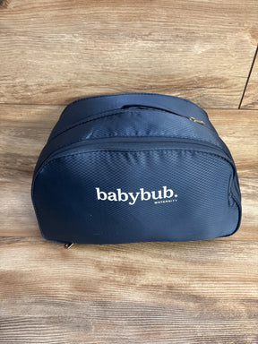 Navy blue babybub maternity bag on wood floor, zippered pouch, textured fabric