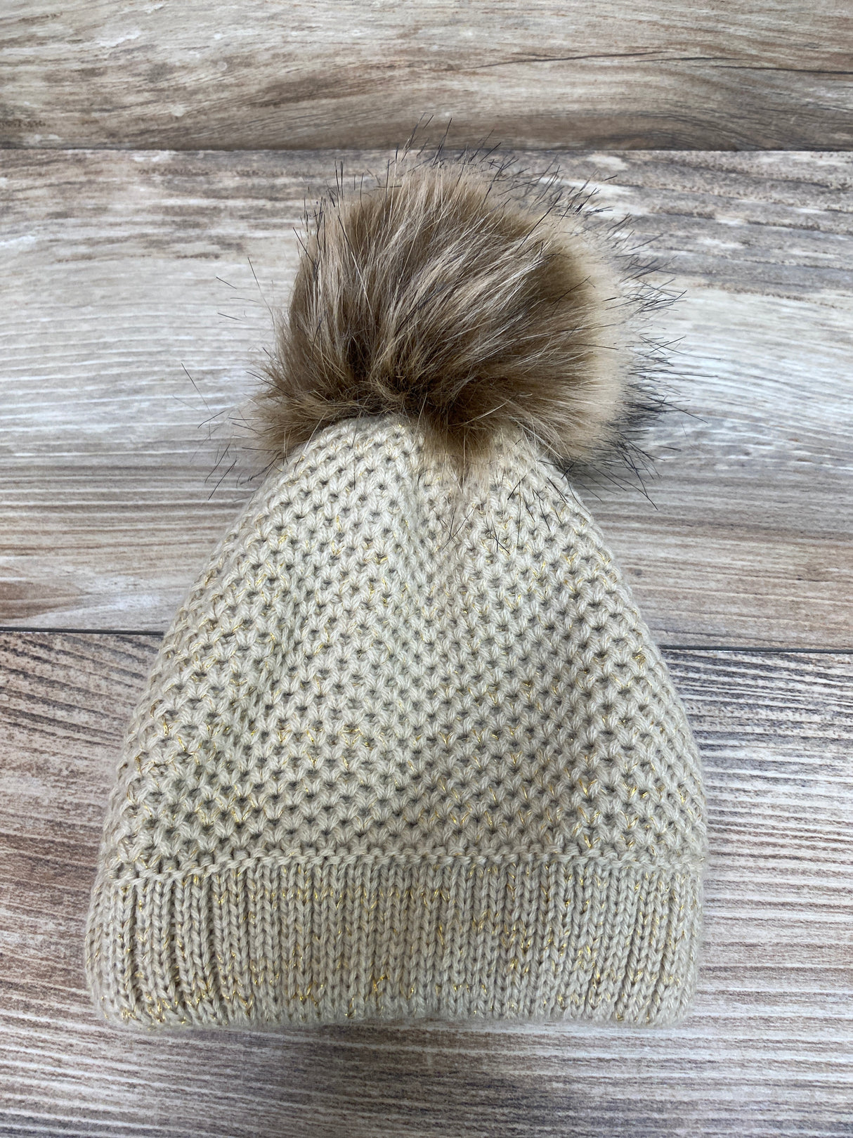 Toby Faux Fur Pom Beanie Beige Sz 3-6m