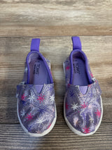 Purple Toms kids shoes with star print, slip-on design, and pull tabs for easy wear