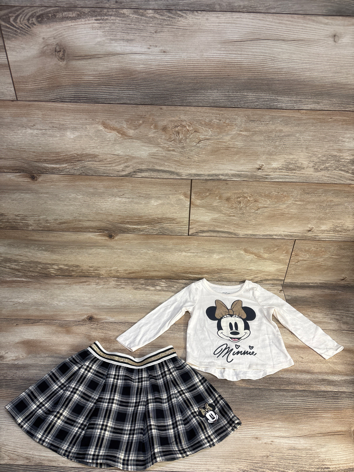 Disney Junior 2pc Minnie Mouse Long Sleeve Shirt & Skirt Set Ivory sz 2T