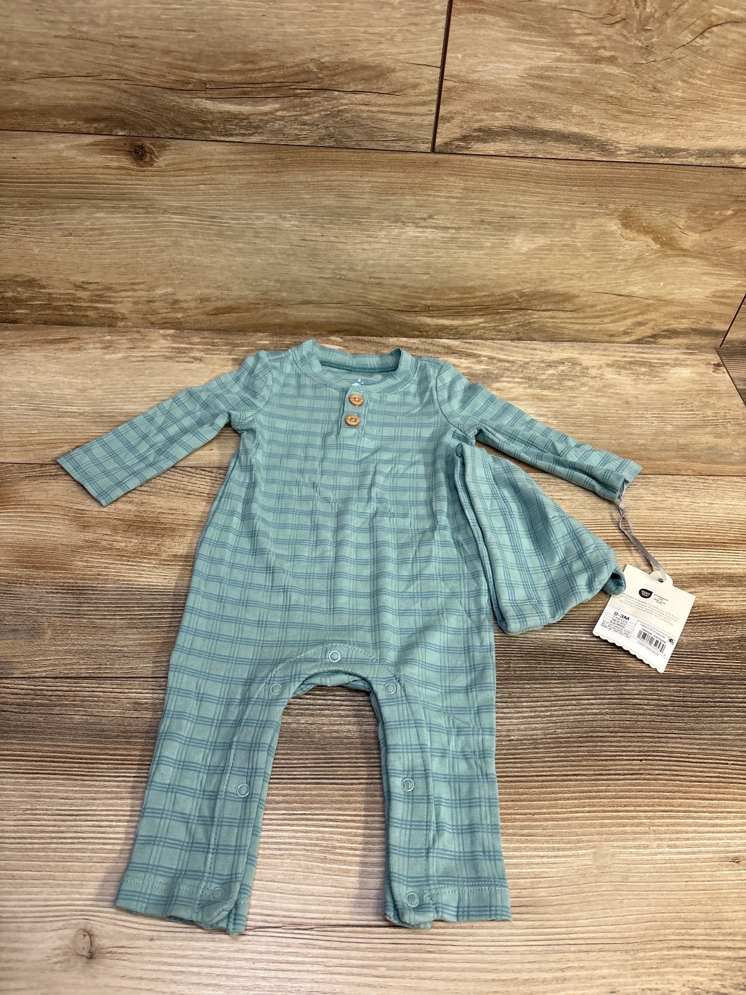 NEW Cloud Island 2Pc Jacquard Checkered Romper & Hat Green sz 0-3m