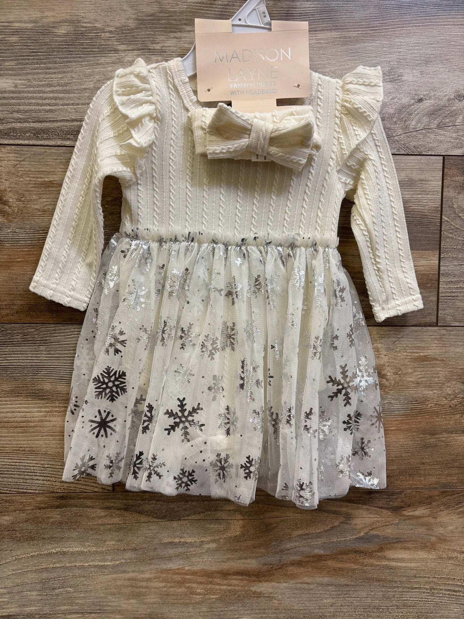NEW Madison Layne 2pc Snowflake Tulle Bodysuit Dress & Headband Set Ivory sz 12m
