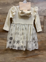 NEW Madison Layne 2pc Snowflake Tulle Bodysuit Dress & Headband Set Ivory sz 12m