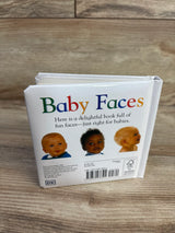 Back cover view of Baby Faces DK board book showcasing three baby portraits and colorful title text on wood plank floor