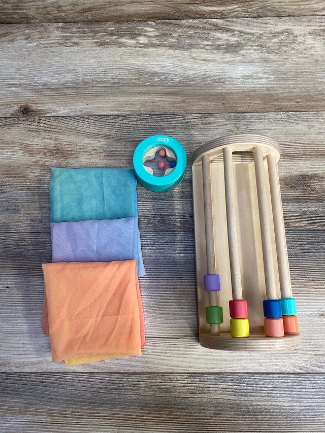 KiwiCo. Let's Listen Wood Scarf Keeper + Play Scarves + Round Wood Shaker - Me n Mommy To Be
