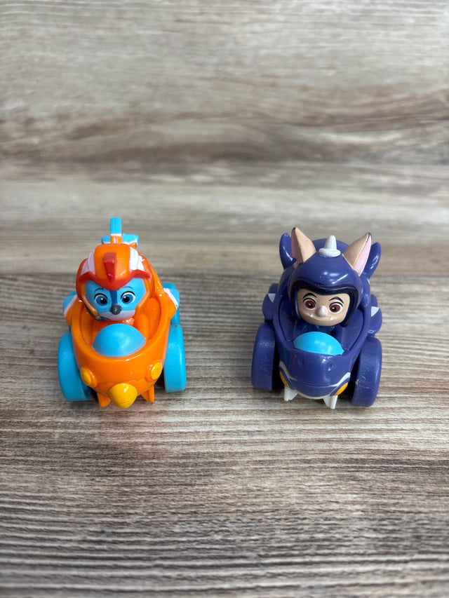 Two small children's toy cars on wooden surface, one orange and blue with a character, one purple with ears and face detail