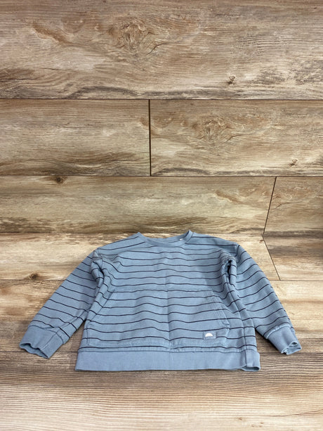 Blue striped pullover sweatshirt for kids size 2-3T on a wooden background