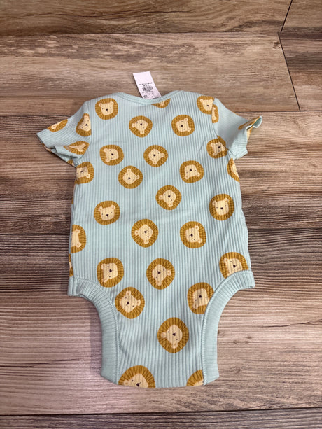 Front view of a blue Old Navy rib-knit bodysuit showcasing an allover lion print and short sleeves on a wood background