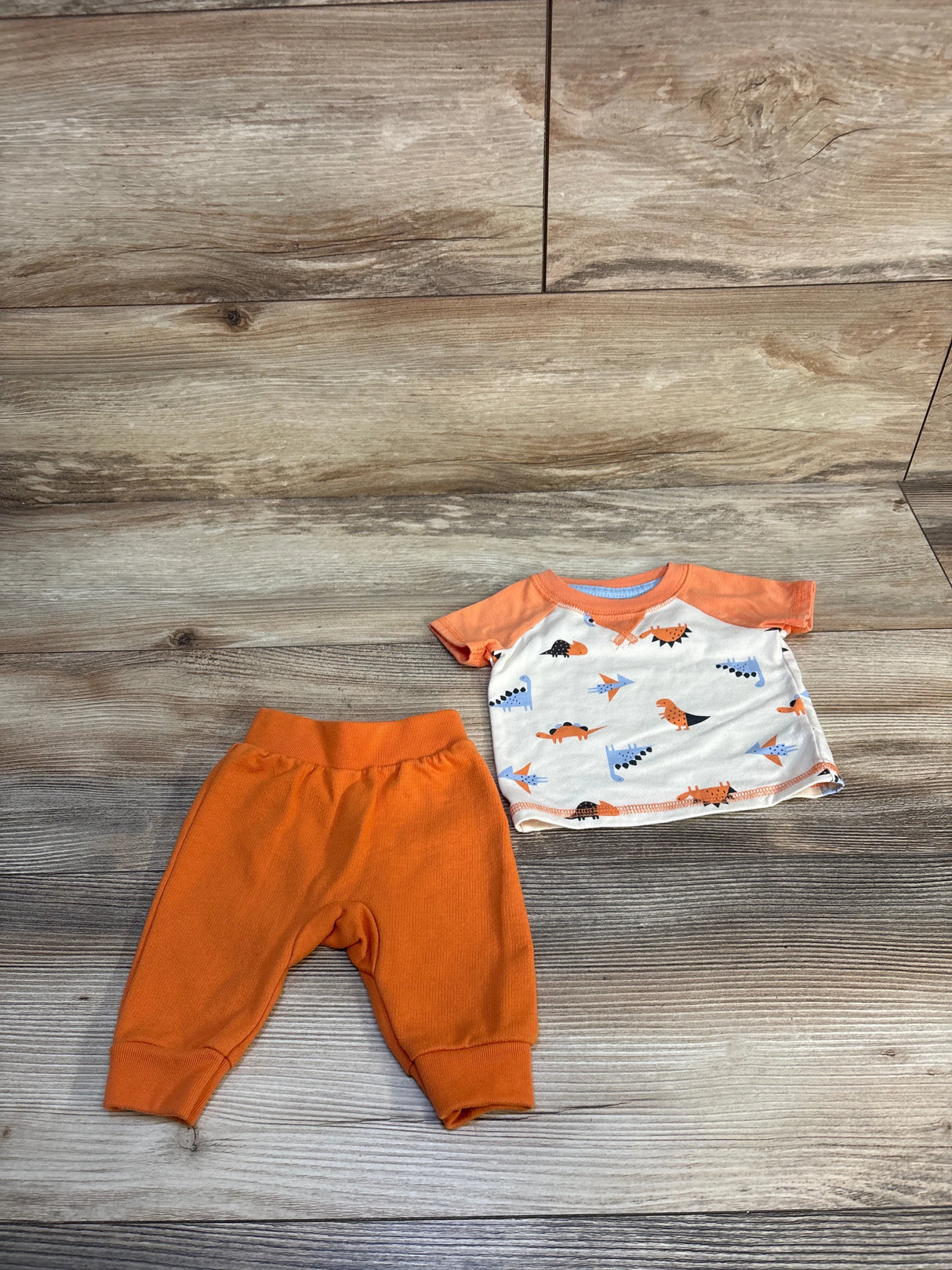 Orange baby pants and dinosaur print short sleeve shirt set on wood background