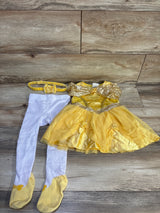 Flat lay of yellow Disney Belle baby dress with gold trim, matching rose headband and white tights on wood background