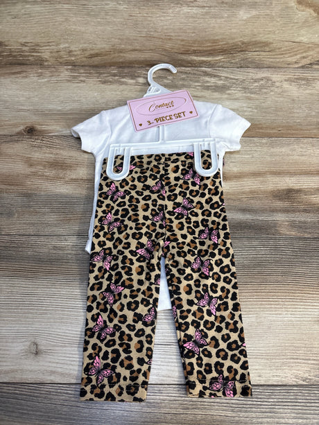 Baby 3-piece set with white top and leopard print pants featuring pink butterflies, ideal for kids' fashion.