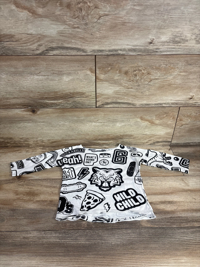 Long sleeve toddler shirt with black and white graphic prints including tiger, pizza, and slogans