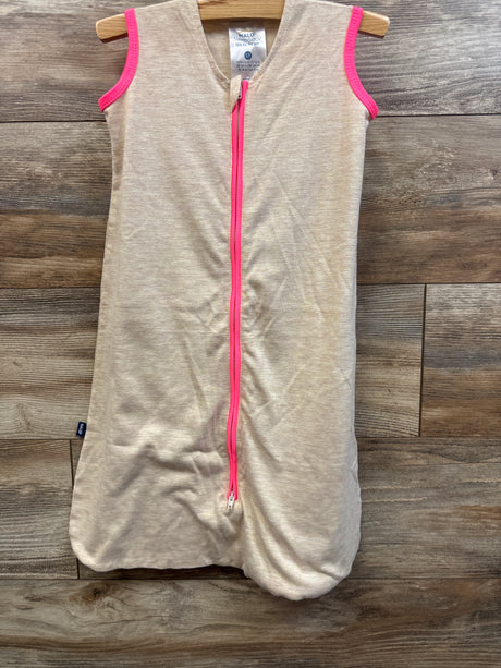 Front view of Halo SleepSack Ideal Temp Swaddle in oatmeal, size 0-6 months showcasing pink zipper and trim on wood floor