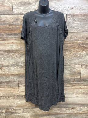 Front view of Grey Frida delivery and nursing gown showcasing short sleeves and side buttons on a wood plank background