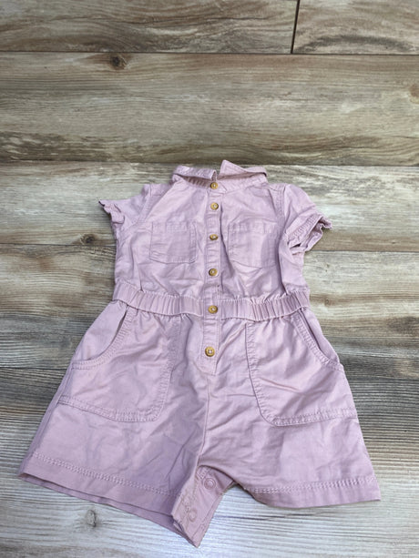 Front view of Cat & Jack pink utility romper showcasing button front, chest and hip pockets, elastic waist, and snap closure