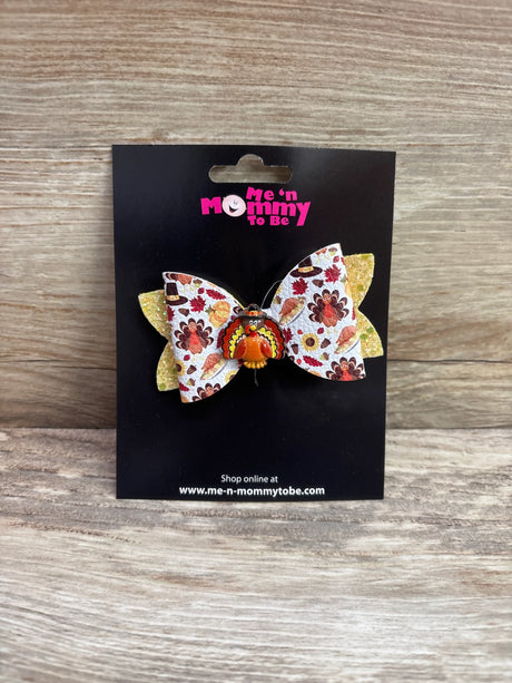 Me n Mommy To Be white hair bow with autumn leaf print and a turkey applique