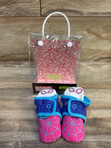 Marvel Spider-Girl baby booties with pink web design, blue cuffs, and snap closures, size 0-3 months