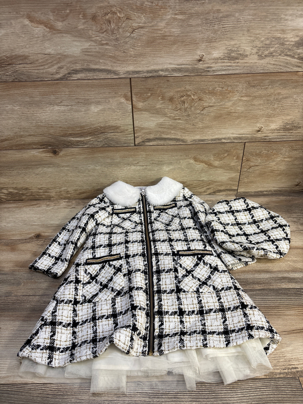 Blueberi Boulevard 3pc Plaid Boucle Coat, Tulle Dress, & Hat Set White sz 4T
