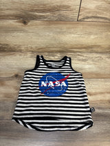 Kids black and white striped tank top with NASA logo, laid flat on wood floor.