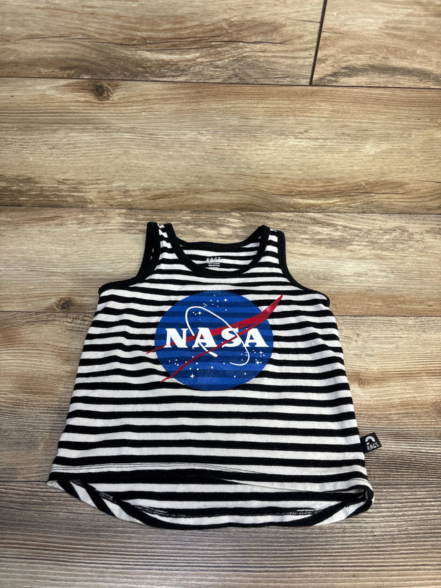 Kids black and white striped tank top with NASA logo, laid flat on wood floor.