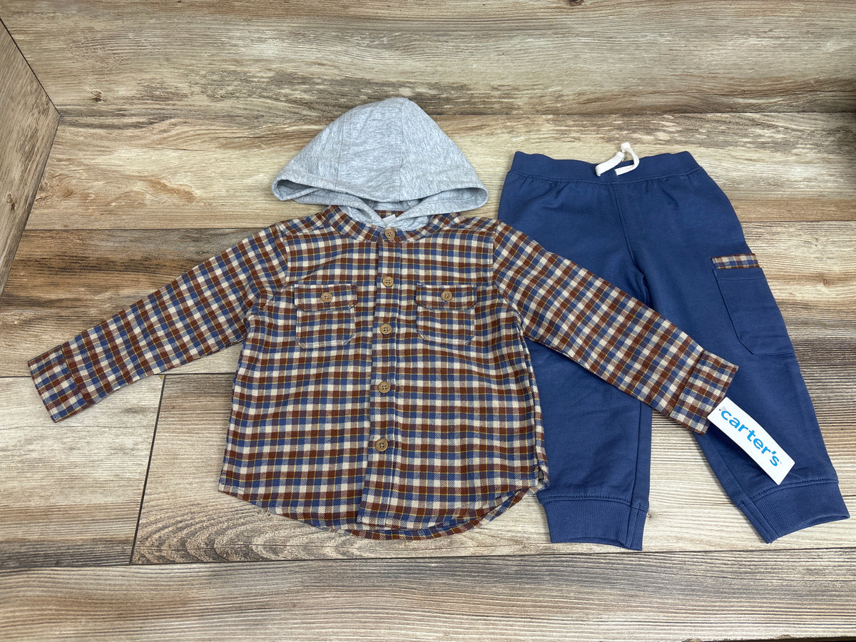NEW Carter's 2pc Hooded Button-Up Flannel Shirt & Pants Set Brown sz 24m