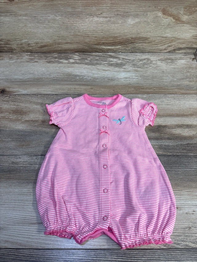 Flat lay of pink striped shortie romper showing front snaps, ruffle sleeves, embroidered bird and elastic legs on wood