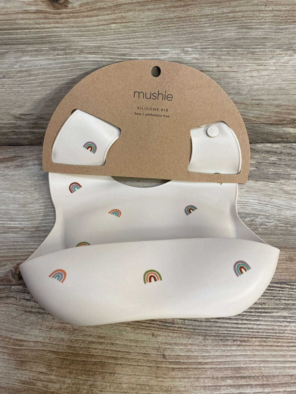 NEW Mushie Silicone Rainbows Baby Bib, Beige