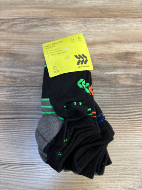 Pack of black and gray boys no-show socks with colored accents on wood surface