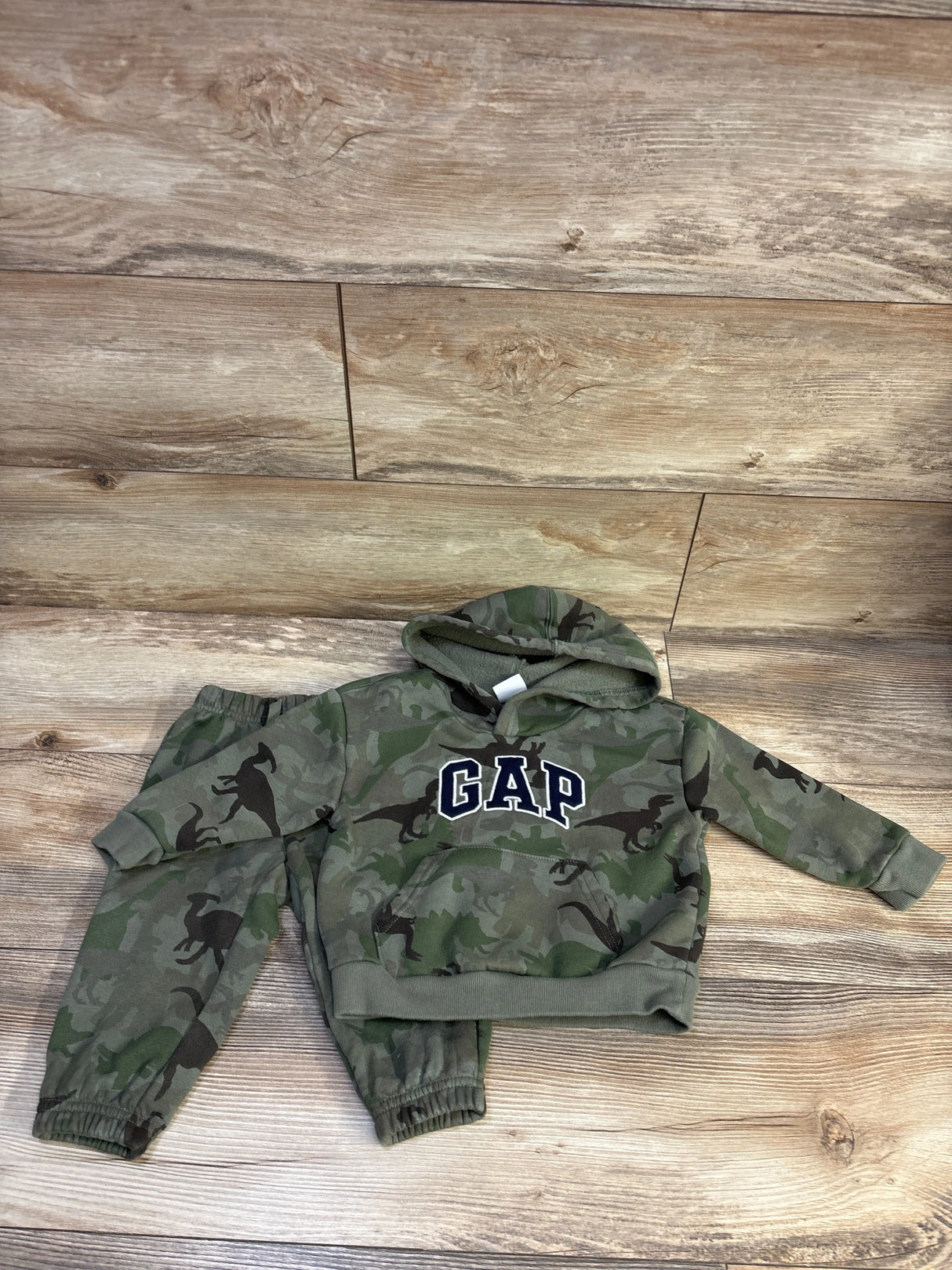 Baby Gap 2pc Dino Camo Pullover Hoodie & Pants Set Green sz 18-24m