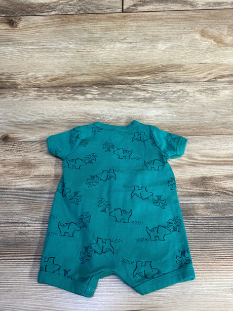 Flat lay back of Carter's green shortie romper showing navy rhino print and short sleeves on wood background