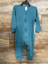 Front view of Modern Moments ribbed footless sleeper, blue 12M, showing full-length zipper and cuffed sleeves on wood background