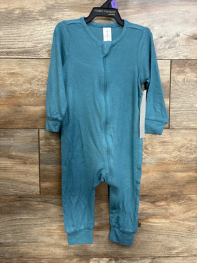 Front view of Modern Moments ribbed footless sleeper, blue 12M, showing full-length zipper and cuffed sleeves on wood background