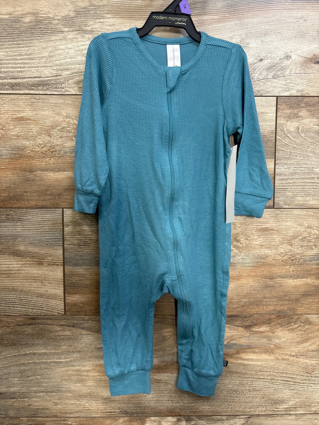 Front view of Modern Moments ribbed footless sleeper, blue 12M, showing full-length zipper and cuffed sleeves on wood background