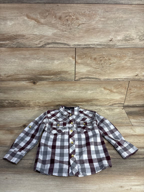 Long sleeve button-up plaid shirt in gray, white, and burgundy on wooden floor