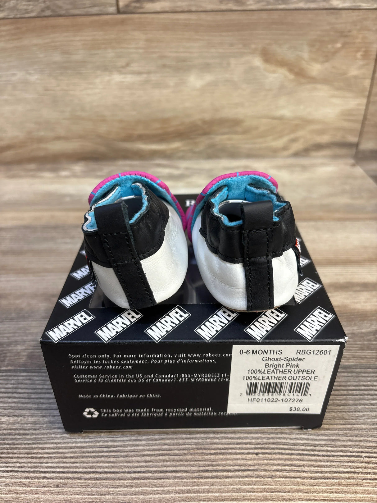 Ghost-Spider baby shoes, 0-6 months, bright pink & blue, 100% leather, Marvel themed, resale kids footwear