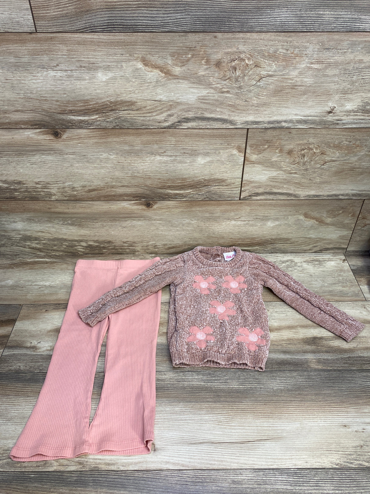 Little Lass 2pc Chunky Knit Sweater & Ribbed Leggings Brown sz 2T