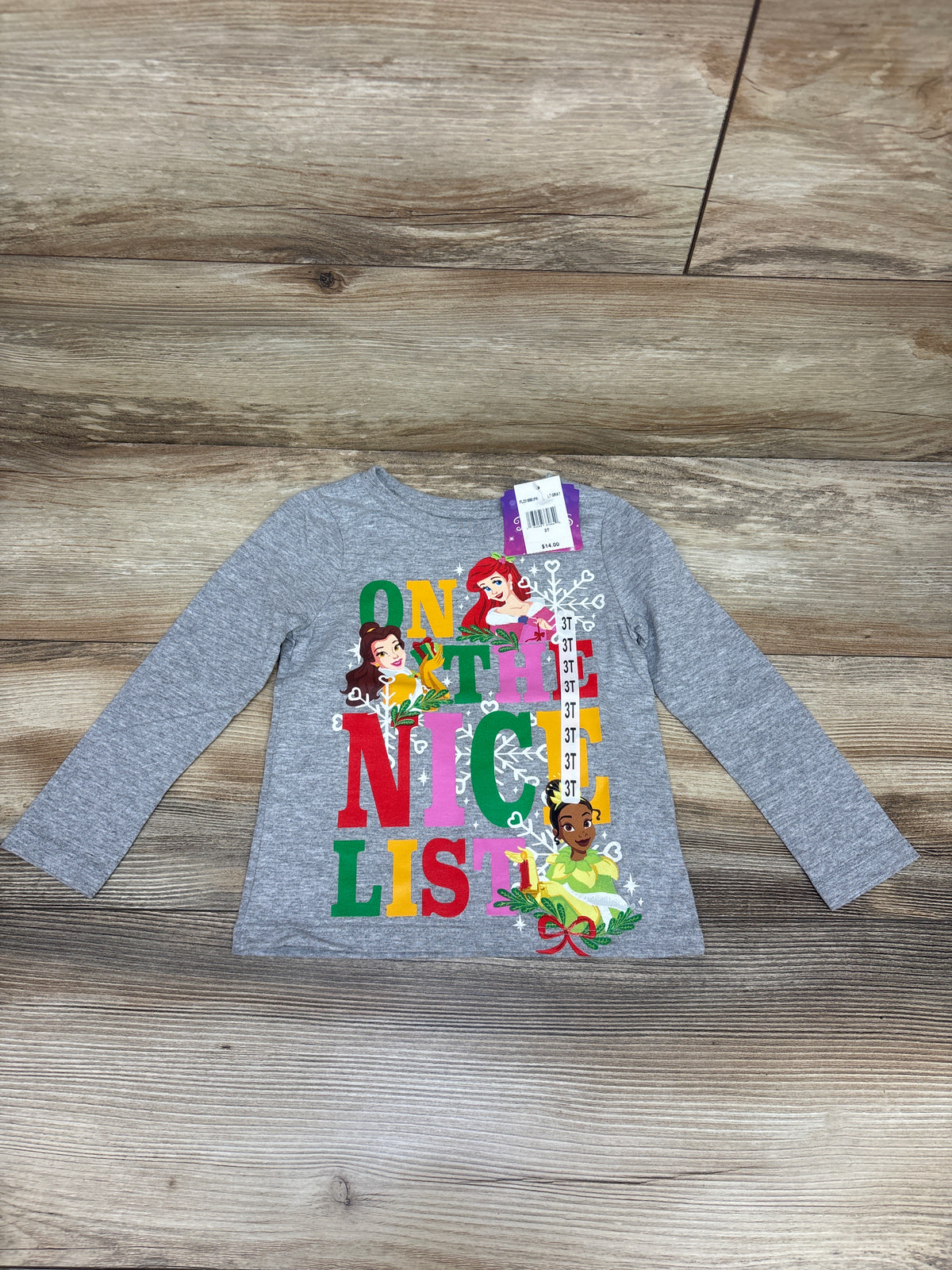 NEW Disney Princess Long Sleeve 'On The Nice List' Shirt Grey sz 3T