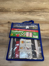 Vocabulary learning kit for kids ages 3+, featuring picture cards in a clear blue zip bag on wood floor.