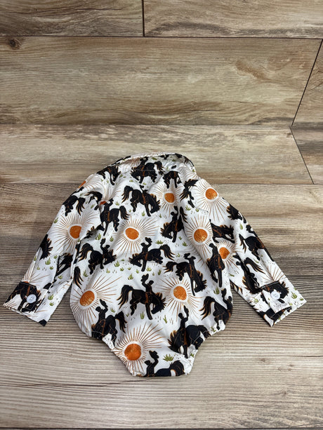 Rarjuiey ivory long sleeve button-up cowboy bubble romper with horse and sun print
