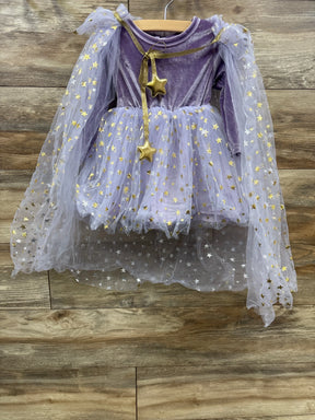 Purple velvet toddler dress with gold star tulle overlay, perfect for kids' parties or costumes