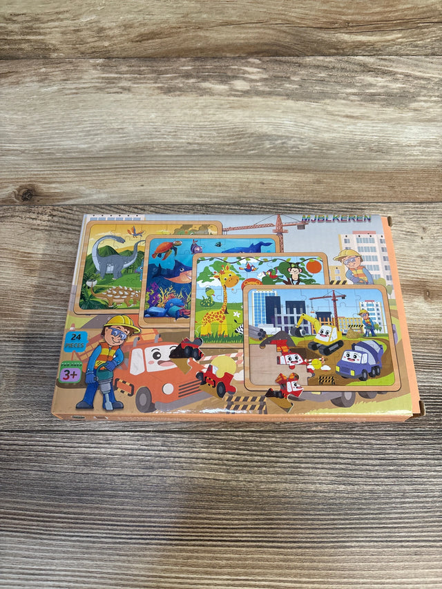 Kids 24-piece puzzle set with cartoon animals, ocean, and construction vehicles, ages 3+