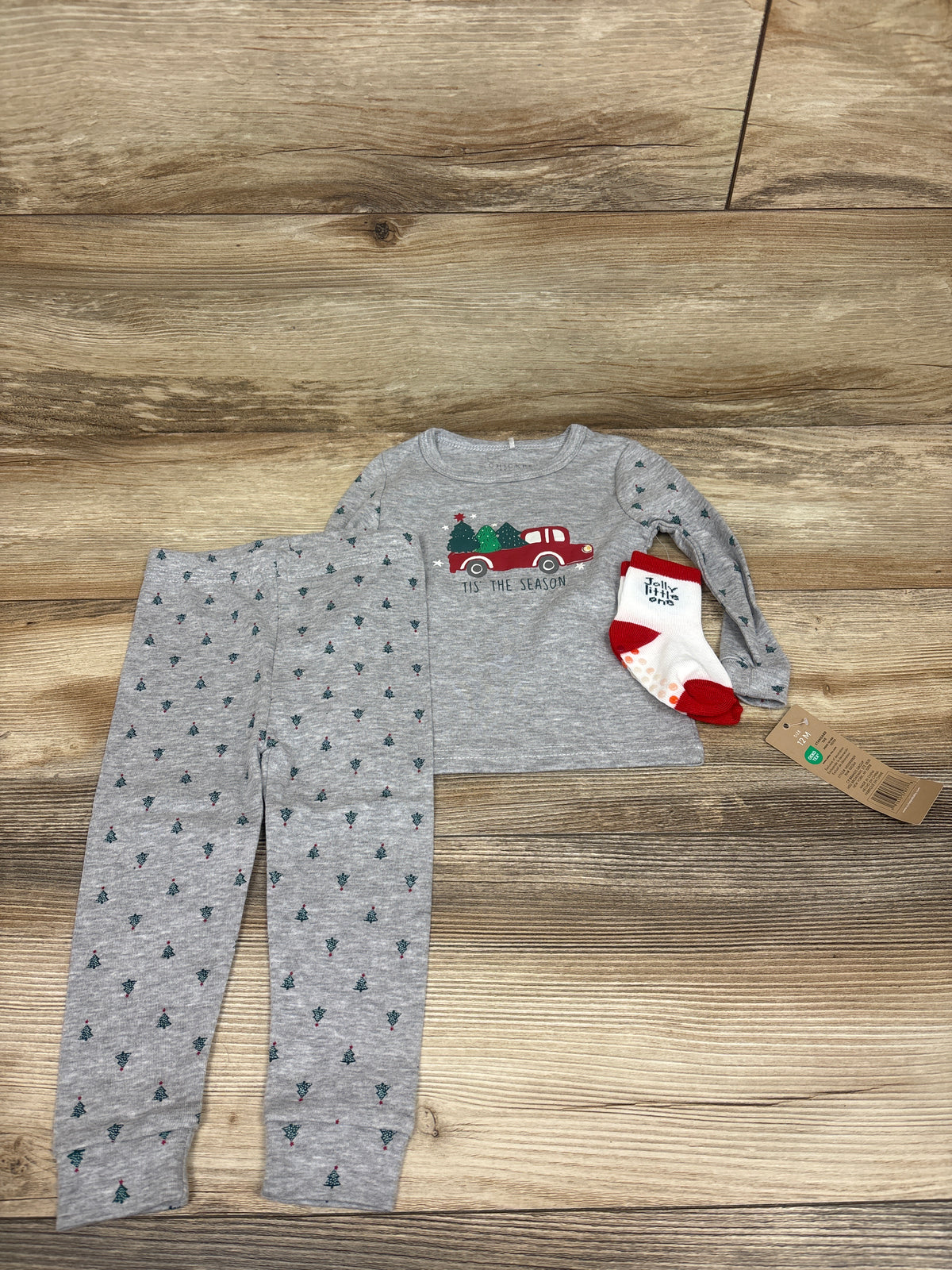 NEW Chick Pea 3pc Christmas Pajama Set and Socks Grey sz 12m