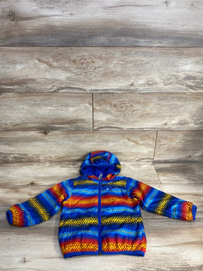 Colorful children's hooded jacket with blue, red, yellow, and black stripes on wood floor